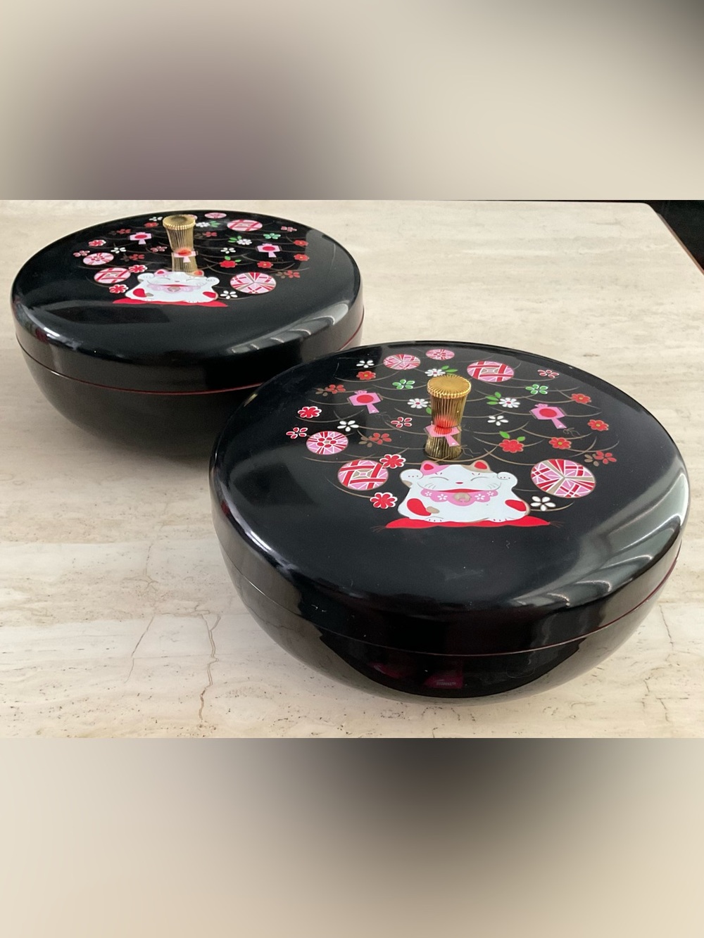 Vintage Japanese Bowls Lacquerware Cat Motif Black Maneki-Neko Lot Of 2 Bowl